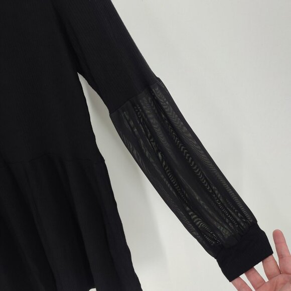 GYFT Sz L Tunic Top Sheer Sleeve Ribbed Knit Mock Neck Black Mini Dress Casual - Picture 6 of 11